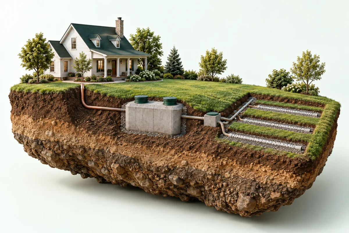 Cutaway illustration of a home connected to a buried septic tank and gravel-lined drainfield